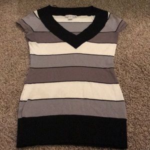 Black White Gray Striped V Neck Short Sleeve Top